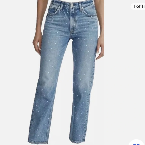 Rebecca Minkoff "NEW" Preppy Rhinestone Studded Boho Straight Leg Jeans Size 10 - Picture 1 of 10